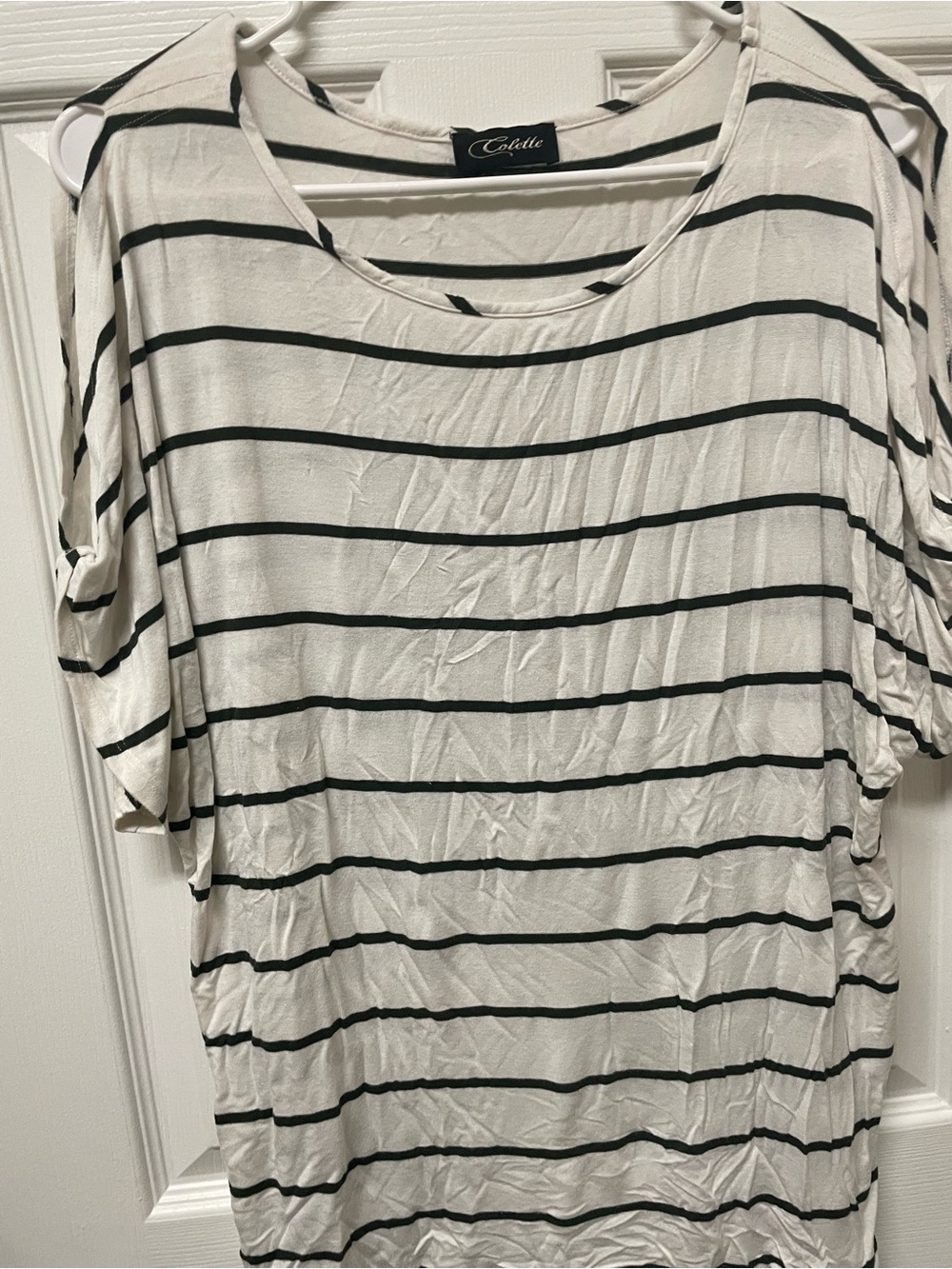 Women’s White & Black Striped Short Sleeve Top open shoulder